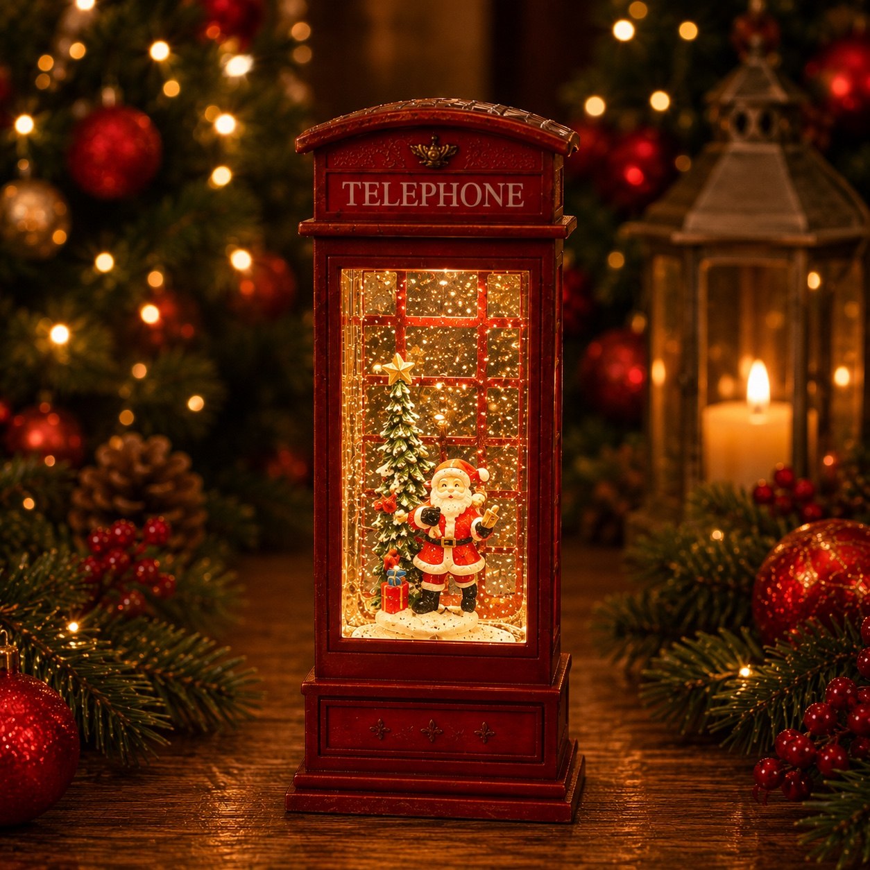 Cabina Telefónica Santa y Árbol, 30cm · Globos de Nieve · Santa Shop Guatemala