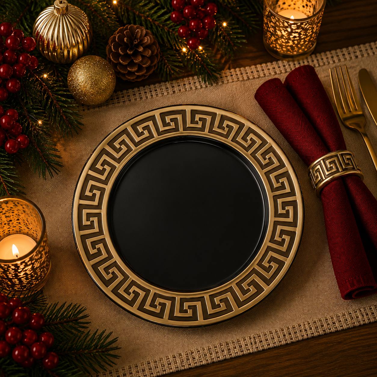 Baja Plato Negro Borde Patrón, 33cm · Platos y Mesa · Santa Shop Guatemala