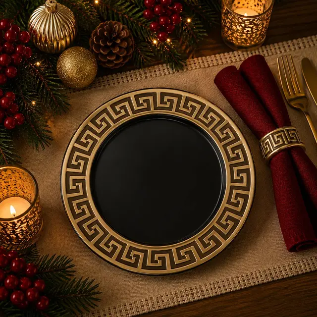 Baja Plato Negro Borde Patrón, 33cm · Platos y Mesa · Santa Shop Guatemala