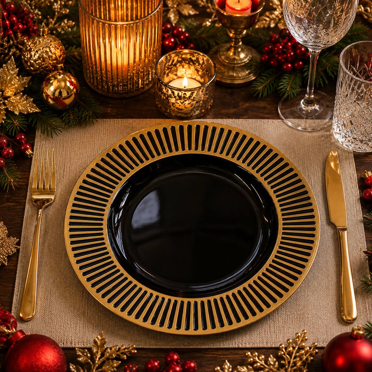 Baja Plato Negro con Borde Dorado, 33cm · Platos y Mesa · Santa Shop Guatemala