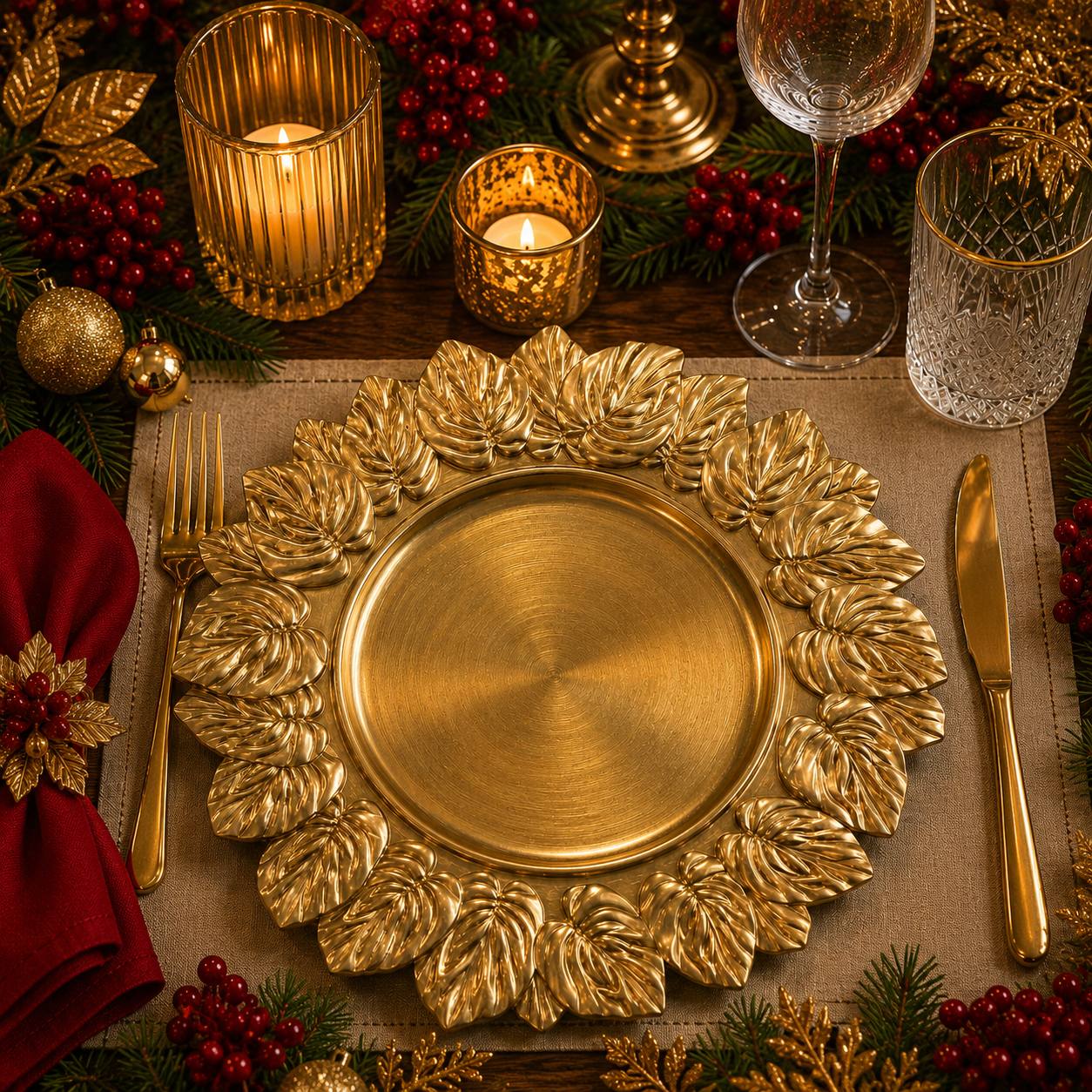 Baja Platos Dorado Borde Hojas, 33cm · Platos y Mesa · Santa Shop Guatemala