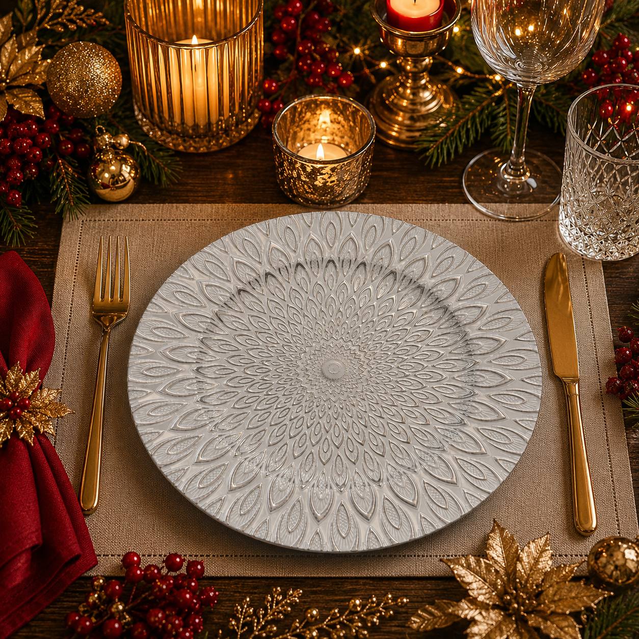 Baja Platos Plateado Flor Hacia Afuera, 33cm · Platos y Mesa · Santa Shop Guatemala