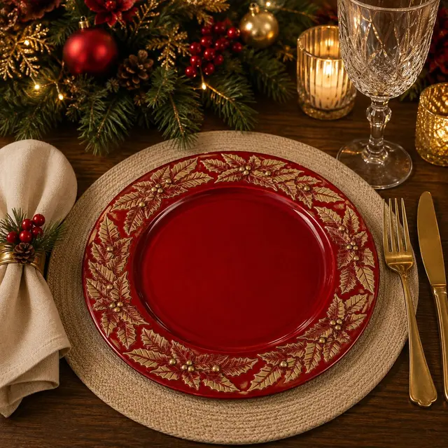 Baja Platos Rojo Acebos Dorados, 33cm · Platos y Mesa · Santa Shop Guatemala