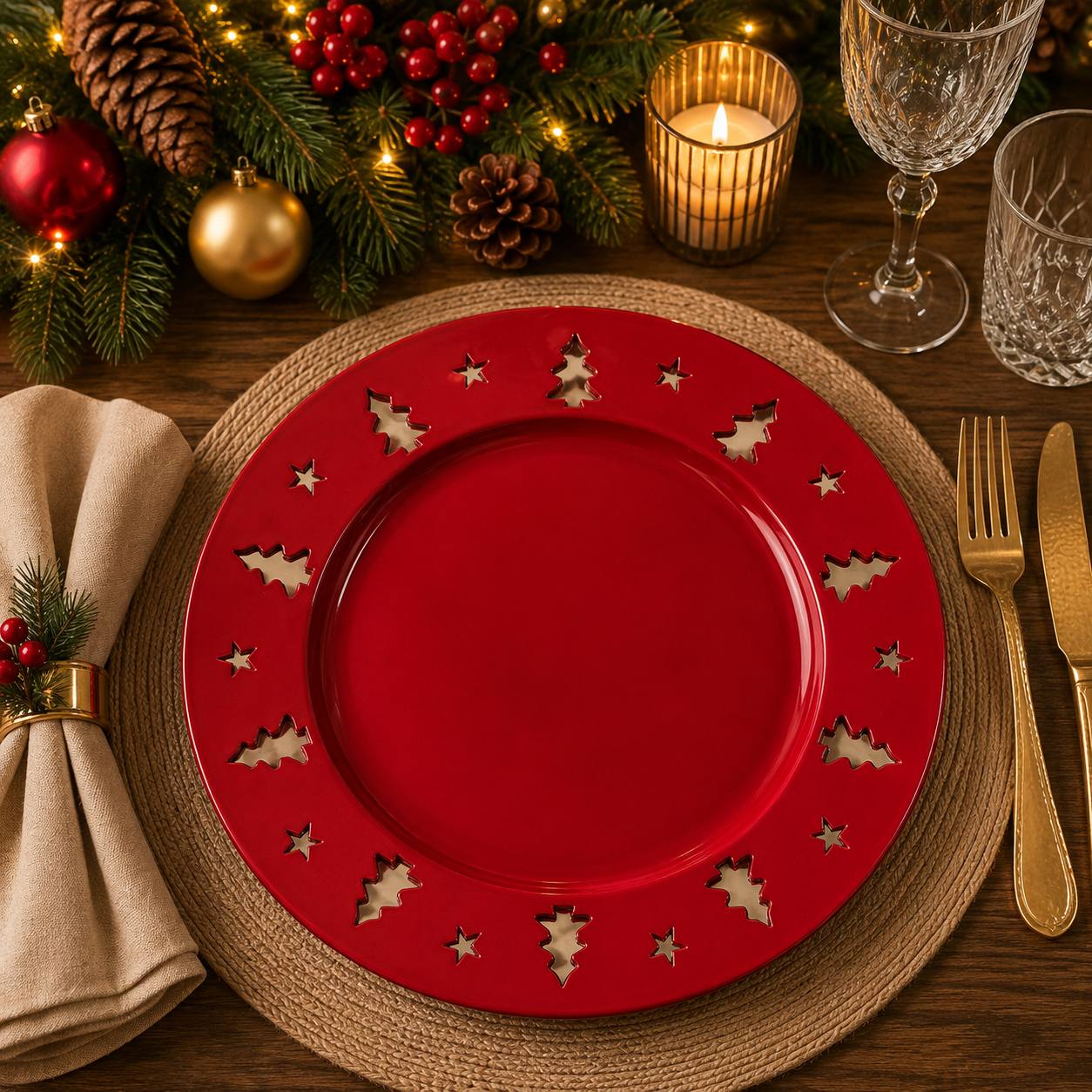 Baja Platos Rojo Borde Pinos, 33cm · Platos y Mesa · Santa Shop Guatemala