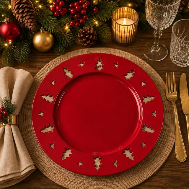 Baja Platos Rojo Borde Pinos, 33cm · Platos y Mesa · Santa Shop Guatemala