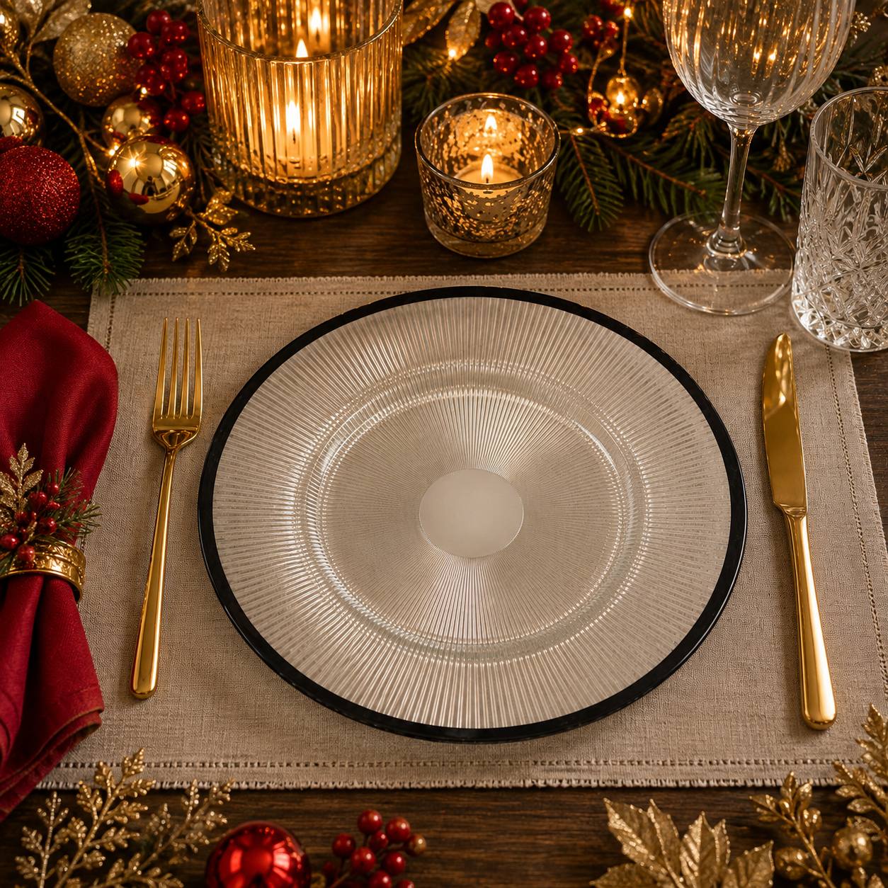 Baja Platos Transparente con Orilla Negra, 33cm · Platos y Mesa · Santa Shop Guatemala