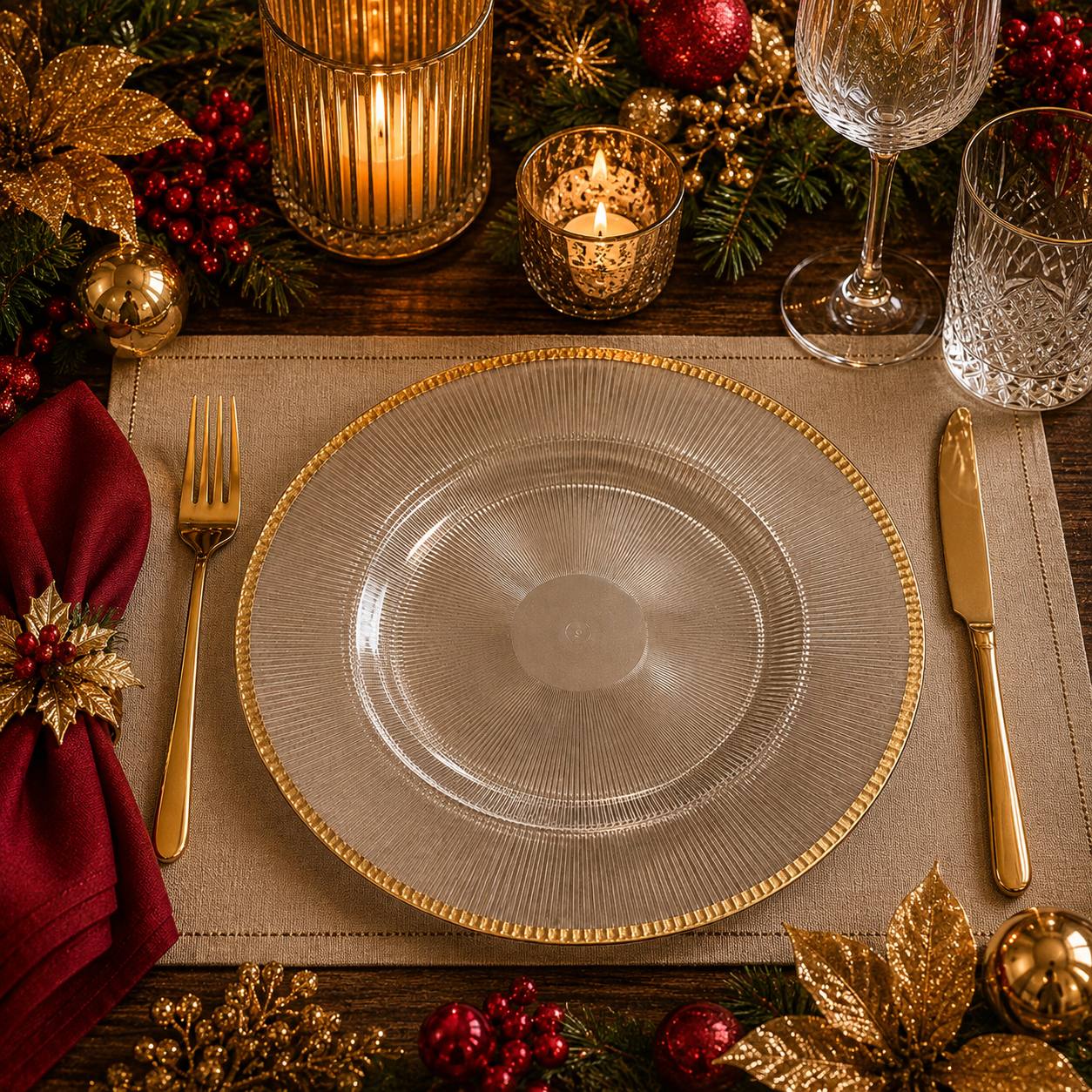Baja Platos Transparente Orilla Dorada, 33cm · Platos y Mesa · Santa Shop Guatemala